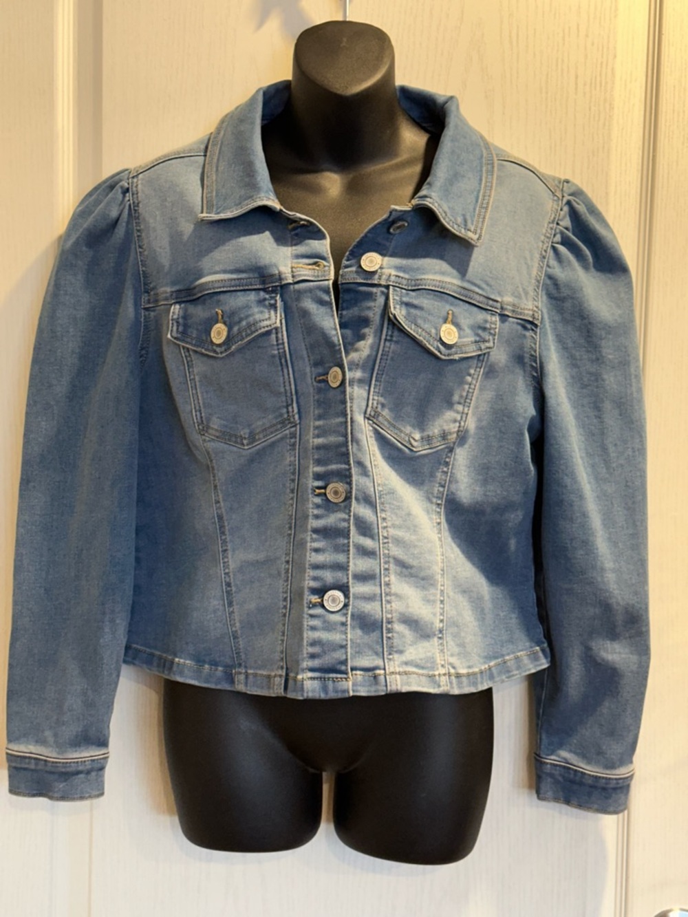 Light Blue Denim Jacket with Puff Shoulder